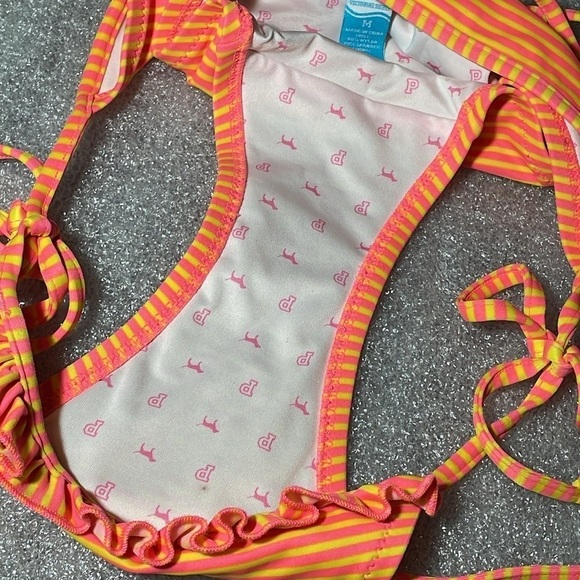 VS PINK Ruffle String Bikini Pink Yellow Stripe M Bottom L Top - Picture 6 of 8